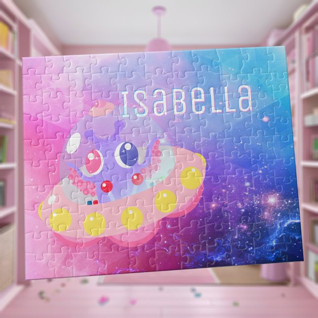 Puzzle Nom de la fille rose bleue du Alien de l'espace de (Cute pink and purple space alien flying saucer jigsaw puzzle personalized with little girl's name)