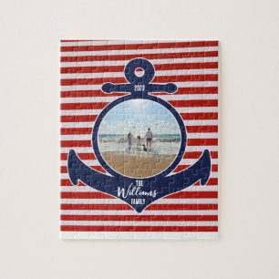 Puzzle Nom personnalisé & Année Rouge Blanc & Bleu Ancre