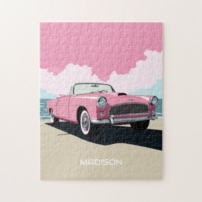 Puzzle Nom personnalisé Pink Classic Car (Vertical)