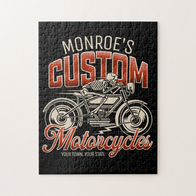 Puzzle Nom personnalisé Skeleton Motorcycle Boutique (Vertical)