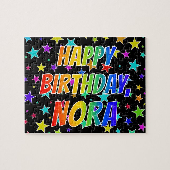 Puzzle "NORA" Prénom, Amusant "HEUREUX ANNIVERSAIRE" (Horizontal)