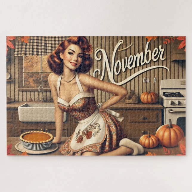 Puzzle Novembre Retro Pin-Up Citrouille fille (Horizontal)