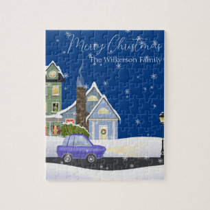 Puzzle Nuit de Noël bleue et cosy dans un village enneigé