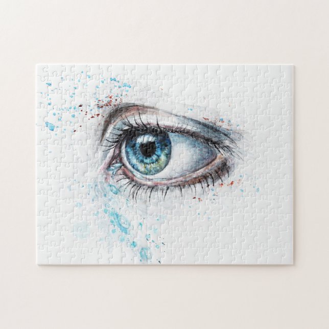 Puzzle oeil aquarelle peinture joli art bleu blanc (Horizontal)