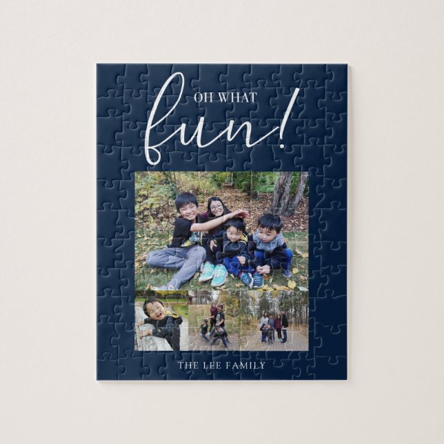 Puzzle Oh What Fun Holiday Photo Modern Blue Christmas (Vertical)