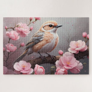Puzzle Oiseau beige doux avec fleurs roses