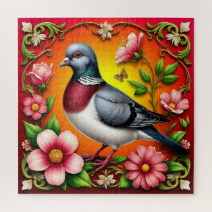 Puzzle Oiseau Coloré Perché Parmi des Fleurs Vibrantes