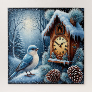 Puzzle Oiseau, cônes de pin et horloge en bois