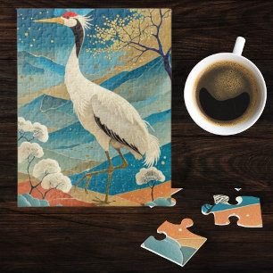 Puzzle Oiseau grue avec montagnes et arbres d'automne jap