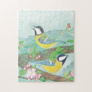 Puzzle Oiseaux chantant sur une branche d'arbre en fleurs