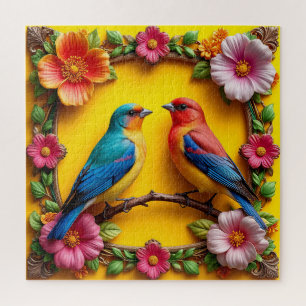 Puzzle Oiseaux chanteurs vibrants entourés d'un cadre flo