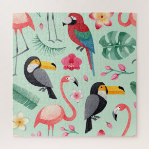 Puzzle Oiseaux tropicaux, fleurs, motif d'aquarelle.