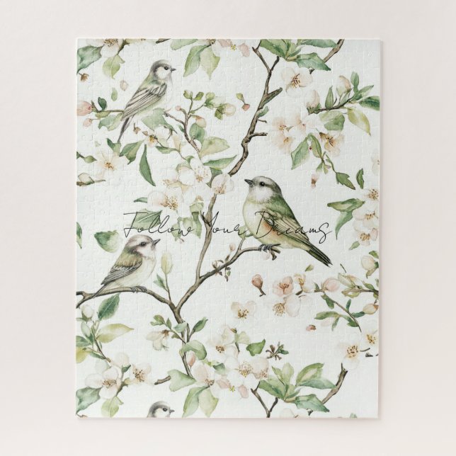Puzzle Oiseaux verts fleurs blanches arbre (Vertical)