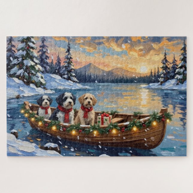 Puzzle Old English Sheepdog Christmas Boat Holiday (Horizontal)