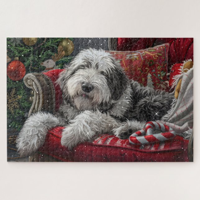 Puzzle Old English Sheepdog Festive de Noël (Horizontal)
