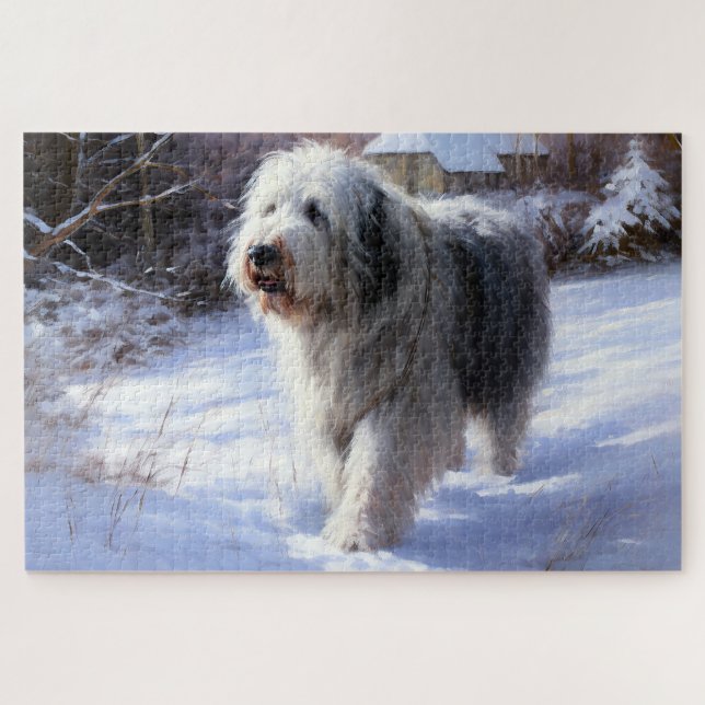 Puzzle Old English Sheepdog Laisser neiger Noël (Horizontal)