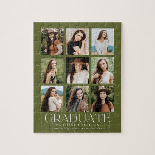 Puzzle Olive Green Modern Grid 9 Photo Collage Graduation