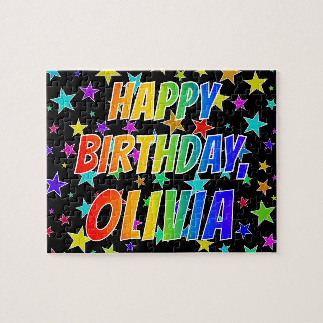 Puzzle "OLIVIA" Prénom, Amusant "HEUREUX ANNIVERSAIRE" (Horizontal)