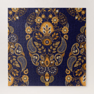 Puzzle Or et bleu, motif sans couture fleurie.