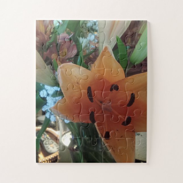 Puzzle orange lily centerpiece Fall floral centerpiece (Vertical)