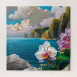 Puzzle Orchidées tropicales, océan, falaises et nuages
