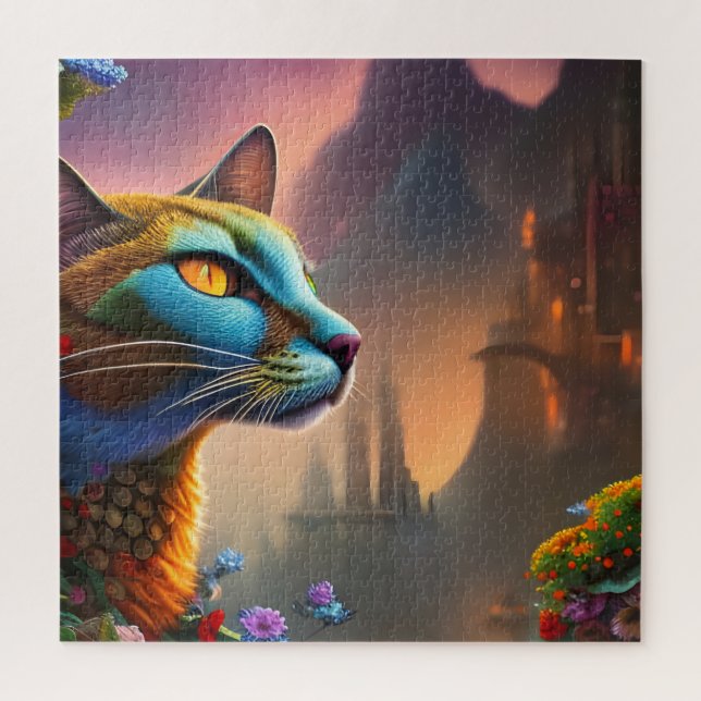 Puzzle Oriental bleu calico chat sauvage, Imaginaire (Vertical)