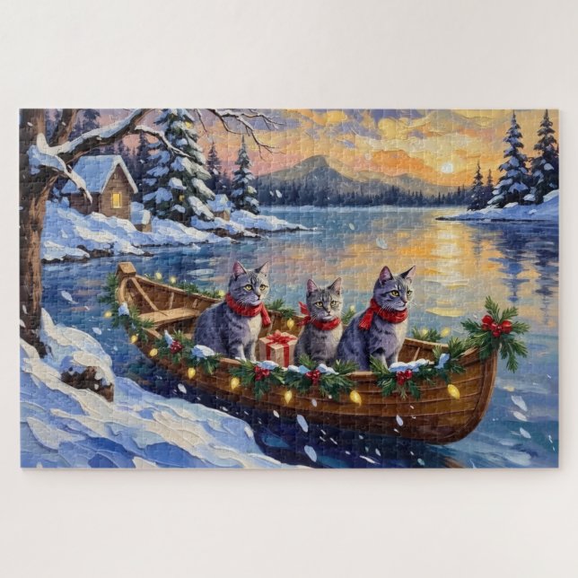 Puzzle Oriental Blue Cat Christmas Boat Holiday (Horizontal)