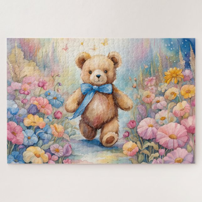 Puzzle Ours en peluche à flâner dans un jardin pastel (Horizontal)