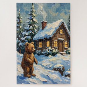 Puzzle Ours en peluche vintage à la cabane de pin enneigé