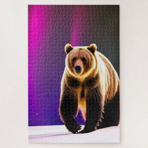 Puzzle Ours grizzli de l'Alaska et Aurora boréal rose