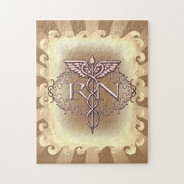 Puzzle Oval Gold Caduceus RN Nurse (Vertical)