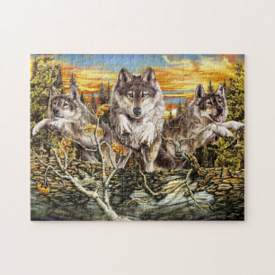 Puzzle Pack of wolves jumping over a log