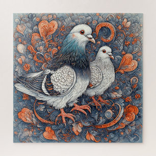 Puzzle Paire de pigeons élégants au milieu d'un art flora