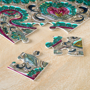 Puzzle Paisley motif floral turquoise rose argent bohème