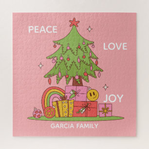 Puzzle Paix, Amour & Joie - Arbre de Noël rétro en rose