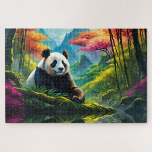 Puzzle Panda géant dans la forêt colorée de Bambou sur la