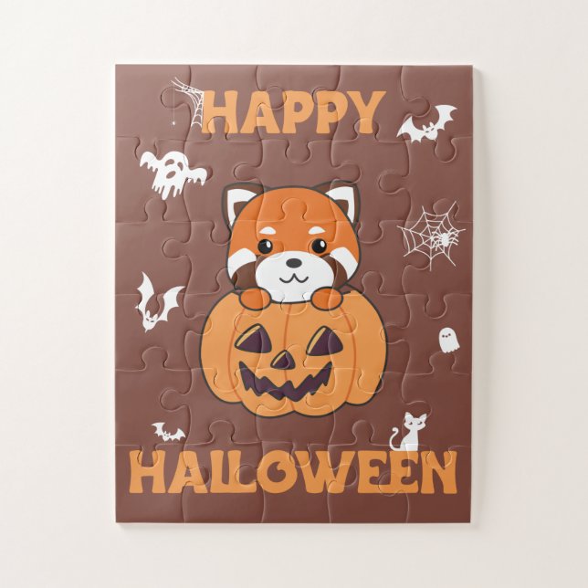 Puzzle Panda Rouge En Pandas Cute Citrouille Joyeux Hallo (Vertical)