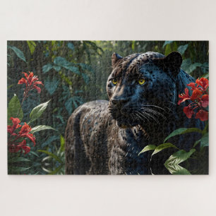 Puzzle Panthère noire - Jaguar dans la Jungle Fleurs roug