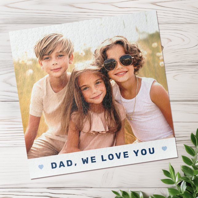 Puzzle Papa nous t'aimons coeur photo fête des pères bleu (Dad we love you photo hearts blue fathers day jigsaw puzzle)