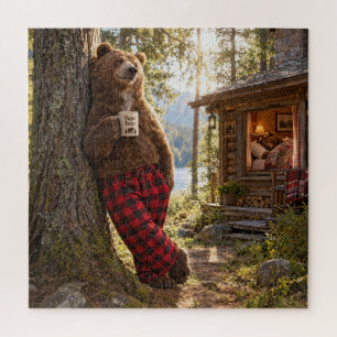 Puzzle Papa ours se relaxant dans les bois avec du café