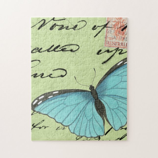 Puzzle Papillon à ailes bleues sur carte postale Turquois (Vertical)