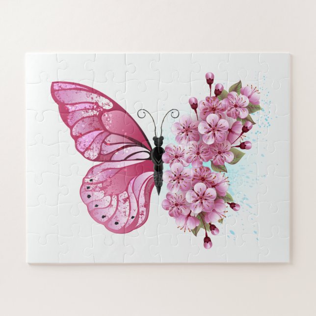 Puzzle Papillon à fleurs avec Sakura rose (Horizontal)