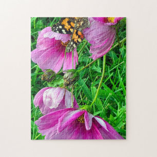 Puzzle Papillon Dame Peinte sur Fleurs de Cosmos Roses