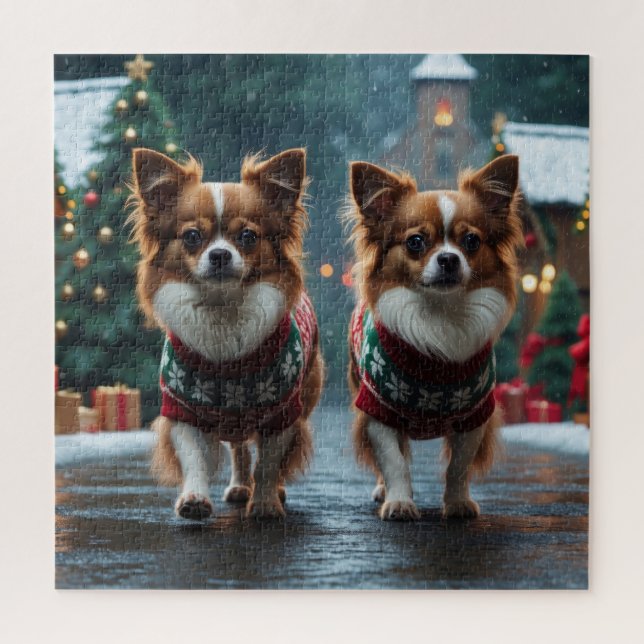 Puzzle Papillon Dogs Christmas Snow Holiday (Vertical)