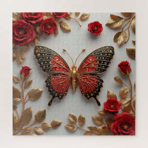 Puzzle Papillon doré avec des roses rouges et des feuille