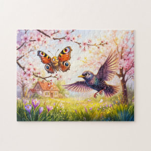 Puzzle Papillon effrayé par un oiseau sous les fleurs de