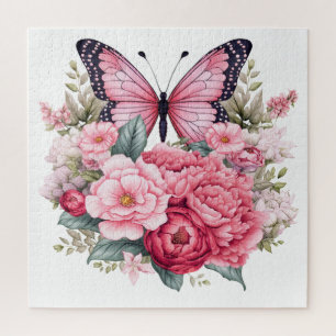 Puzzle Papillon et fleurs rose rétro