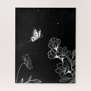 Puzzle Papillon noir et blanc et fleurs à l'art nocturne