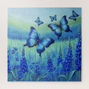 Puzzle Papillons Bleus avec des Fleurs Bleues,