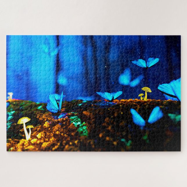 Puzzle Papillons bleus Whimsical Forêt de champignons (Horizontal)